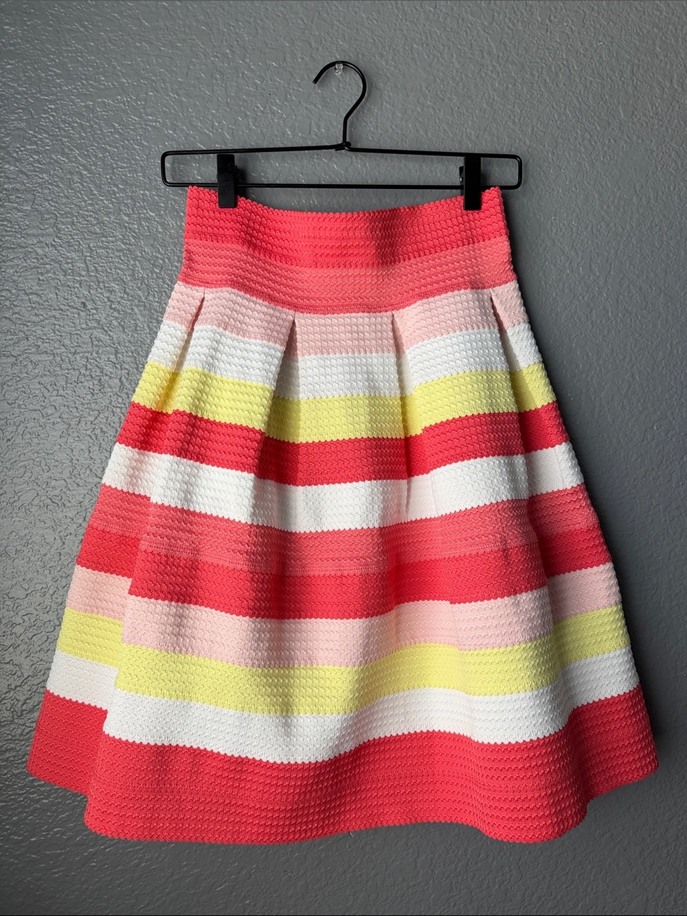 Striped A-Line Midi Skirt Coral, Pink, Yellow, White Size Small